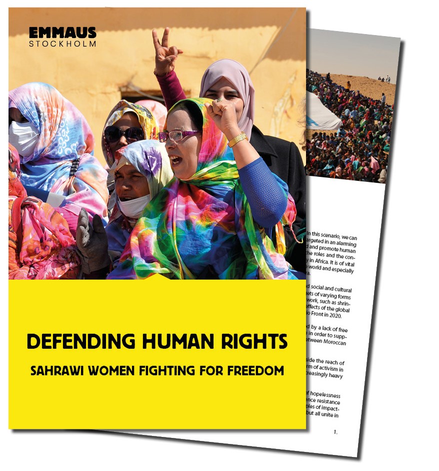 Framsida av rapporten "Defending human rights - sahrawi women fighting for freedom". Rapporten handlar om västsahariska kvinnors arbete för stärkta mänskliga rättigheter och rätten till självbestämmande. 